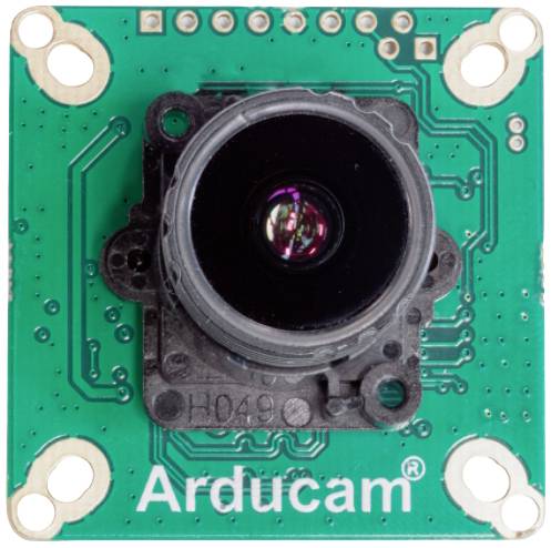 A green ArduCam circuit board with a camera mounted in the centre, surrounded by visible circuitry.