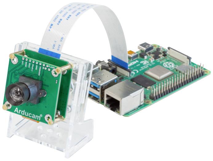 A Raspberry Pi with an attached Arducam camera mounted on a stand.