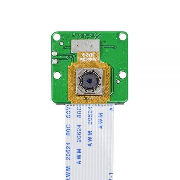 A small green circuit board with a mounted camera and a flat ribbon cable connected to it.