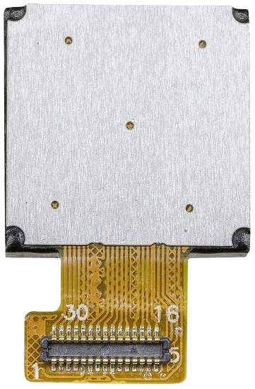 An electronic component with a silver casing and an orange flexible circuit board showing connection contacts.