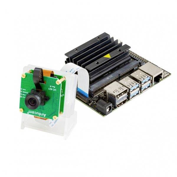 A Jetson Nano with a connected camera. The Jetson Nano is a small, powerful computer board for AI-supported applications.