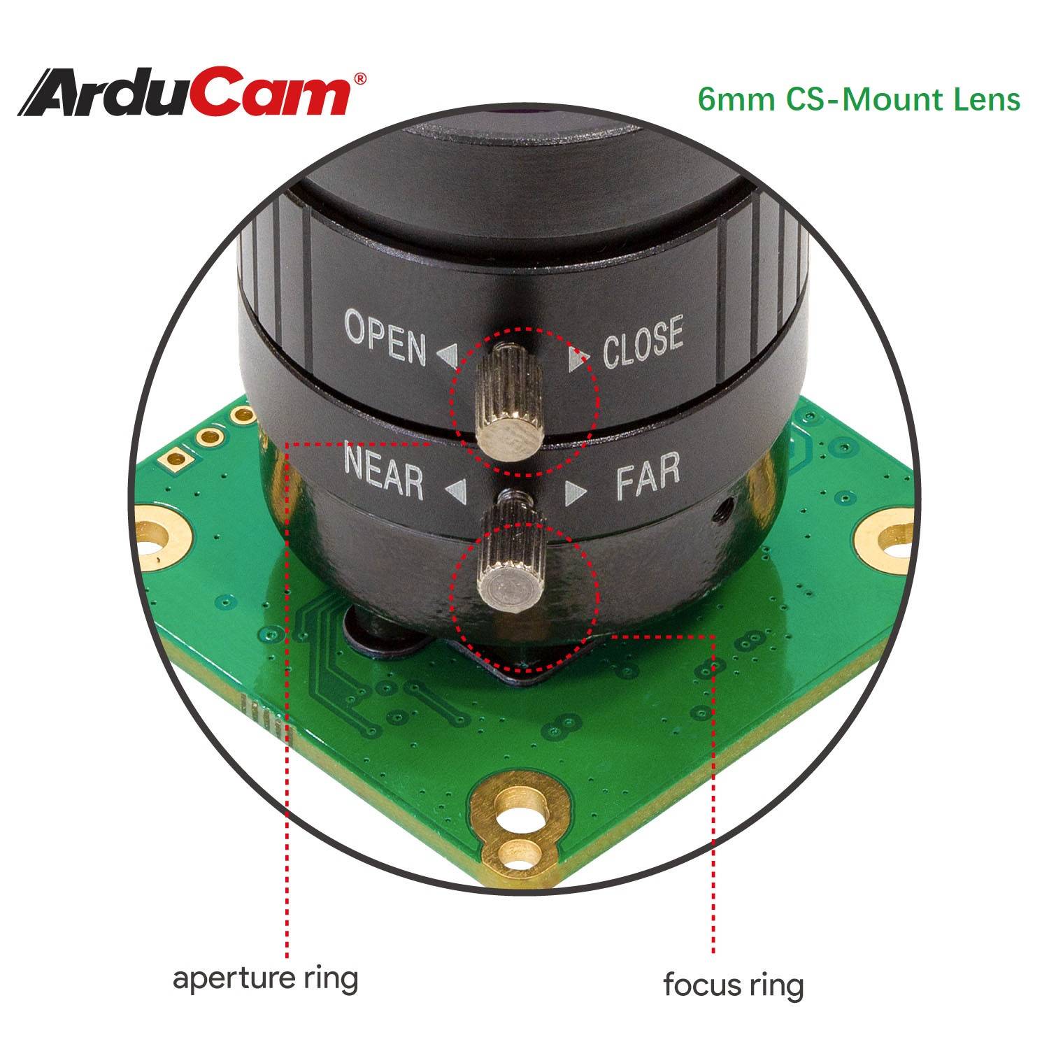 Close-up of a 6-mm CS-mount camera with aperture and focus rings on a circuit board, with the brand name 'ArduCam' shown in the top left of the image.