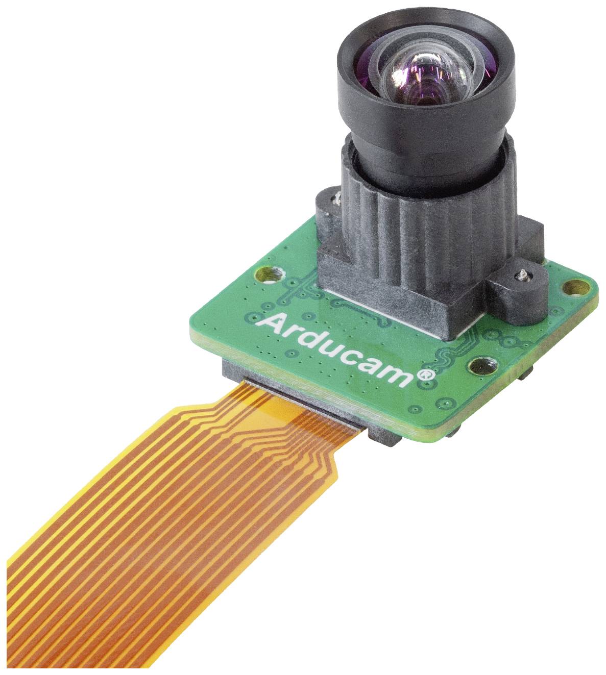 A green electronic circuit board with a camera module mounted on it and a flexible yellow connecting cable, labelled 'Arducam'.