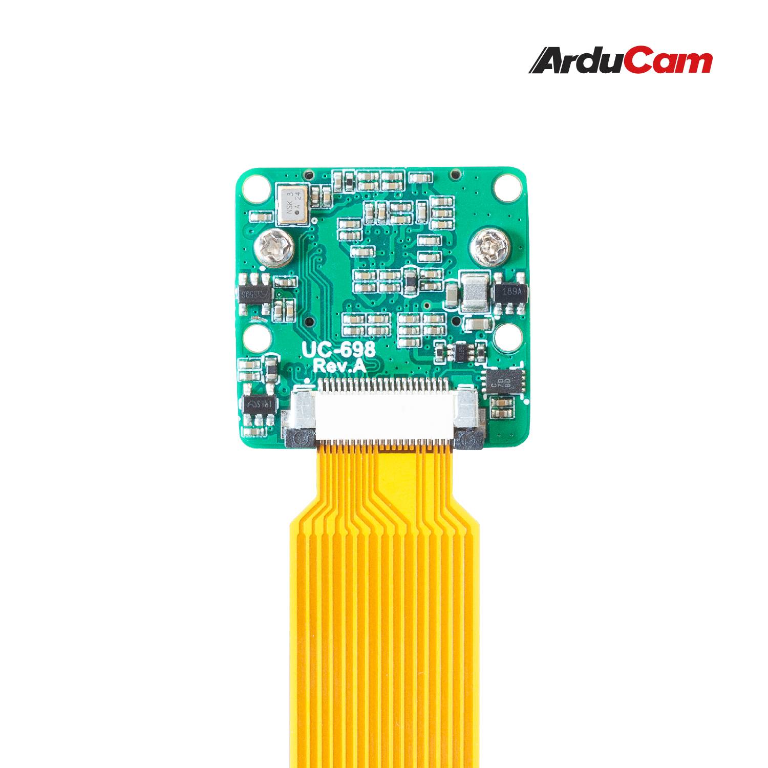 A green ArduCam adapter board with the inscription 'UC-698, Rev. A', with a ribbon cable attached.