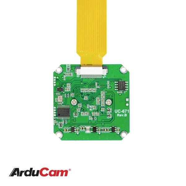 Green electronic circuit board with yellow flat ribbon cable for cameras. "ArduCam" brand logo visible in the bottom left.