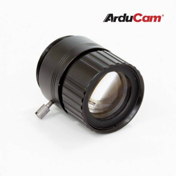 'ArduCam Lens' on a white background. Black, cylindrical lens with an adjusting screw for cameras.