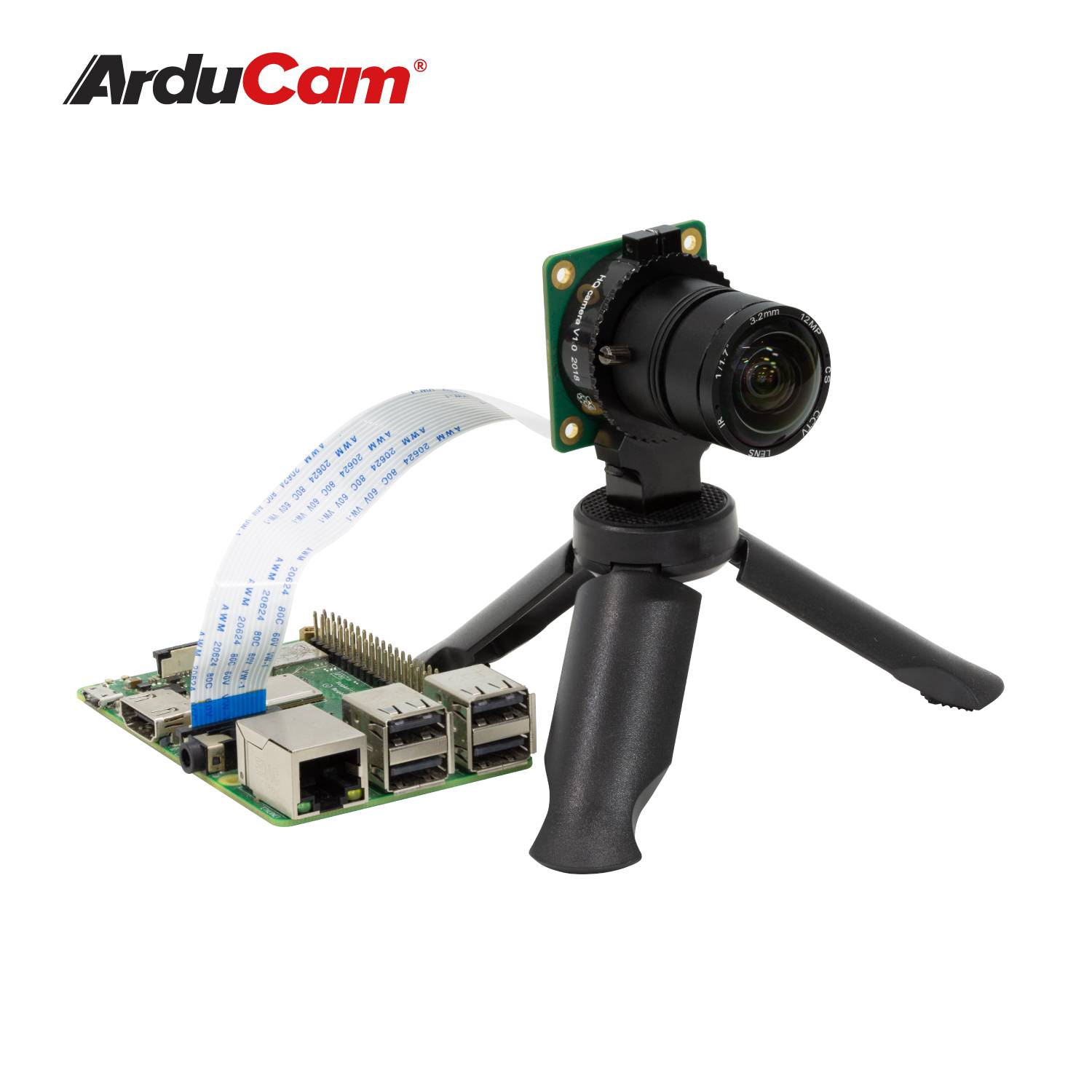 Camera connected to a circuit board on a tripod, compact arrangement for technical projects, complemented by the ArduCam logo.