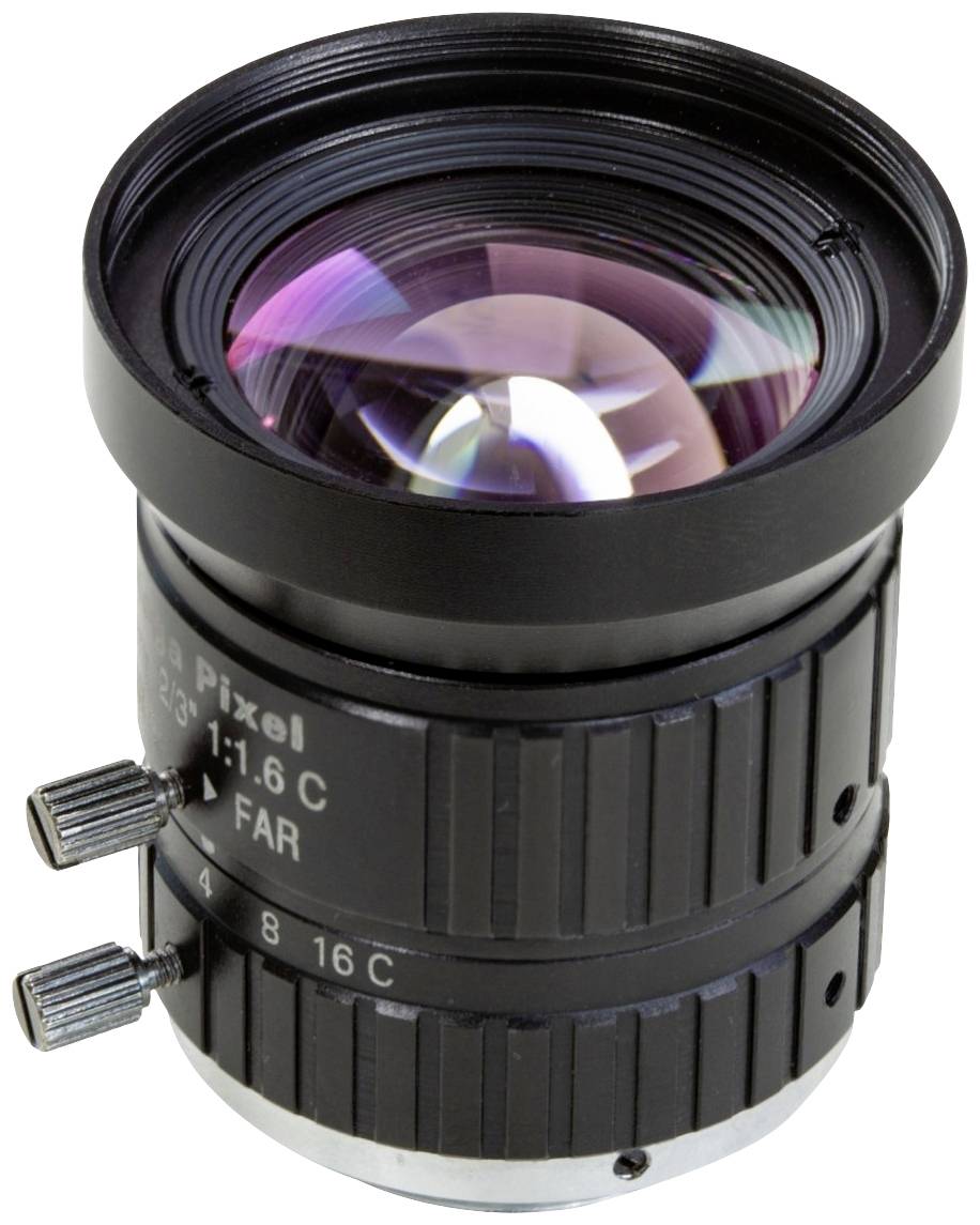 A black camera lens with silver details and controls for focus and aperture. Front surface slightly curved, reflecting light.
