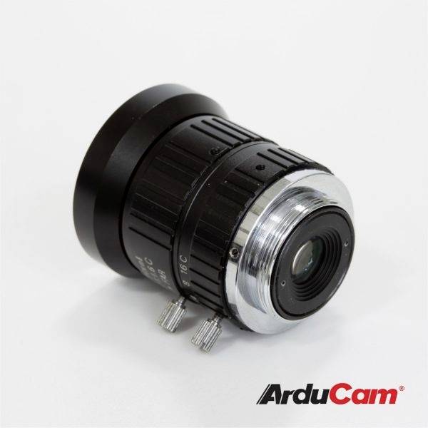 A black ArduCam camera with a silver ring and lens, on a light background.