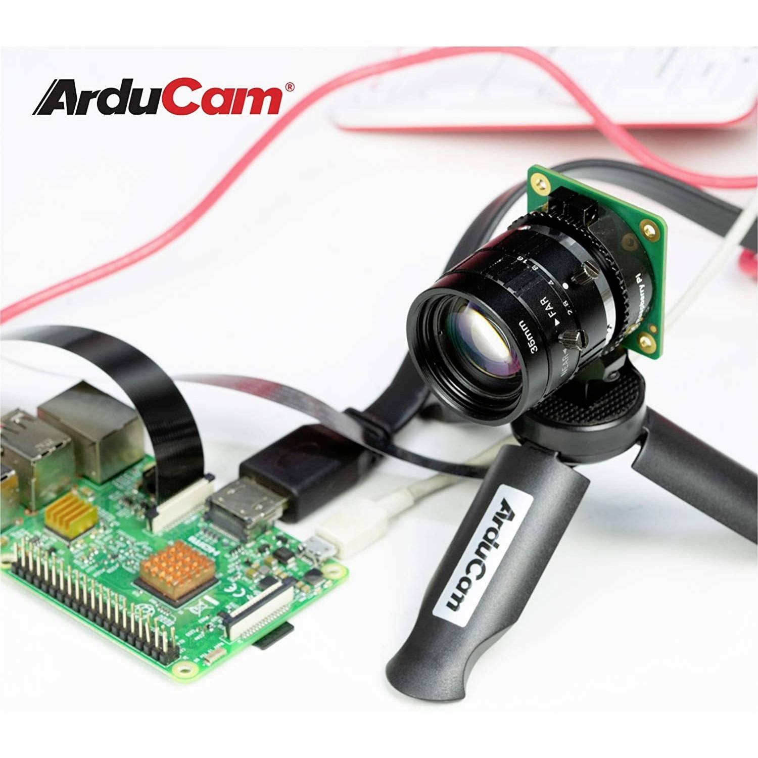 ArduCam logo in the top left corner. Camera mounted on a mini tripod connected to a microcontroller. Ideal for image capture and electronics projects.