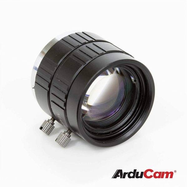 A black camera lens with two adjustment screws from ArduCam on a white background.
