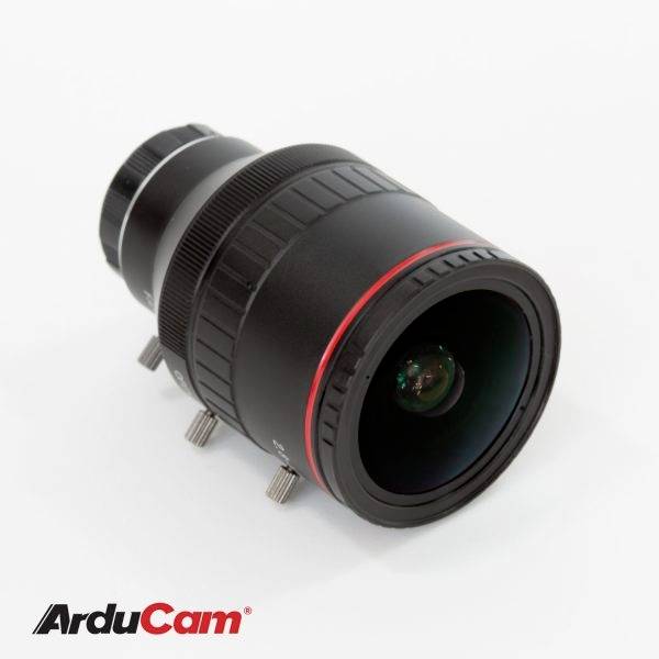 Camera lens from ArduCam with a red ring, placed on a white surface.