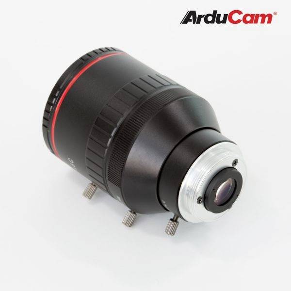 Black camera lens by ArduCam, cylindrically shaped with a red ring. Suitable for detailed photography.