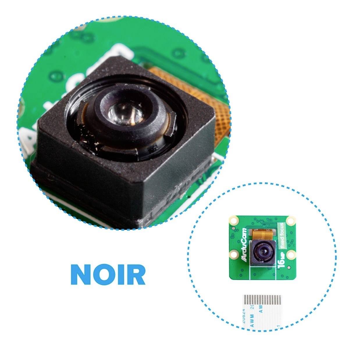 Close-up of a sensor or camera component on a circuit board, with the text NOIR shown underneath. Smaller view of the complete unit on the right.