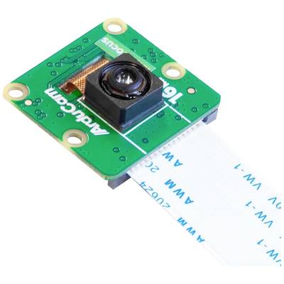 A green circuit board with a small camera in the centre and a flat white ribbon cable connected.