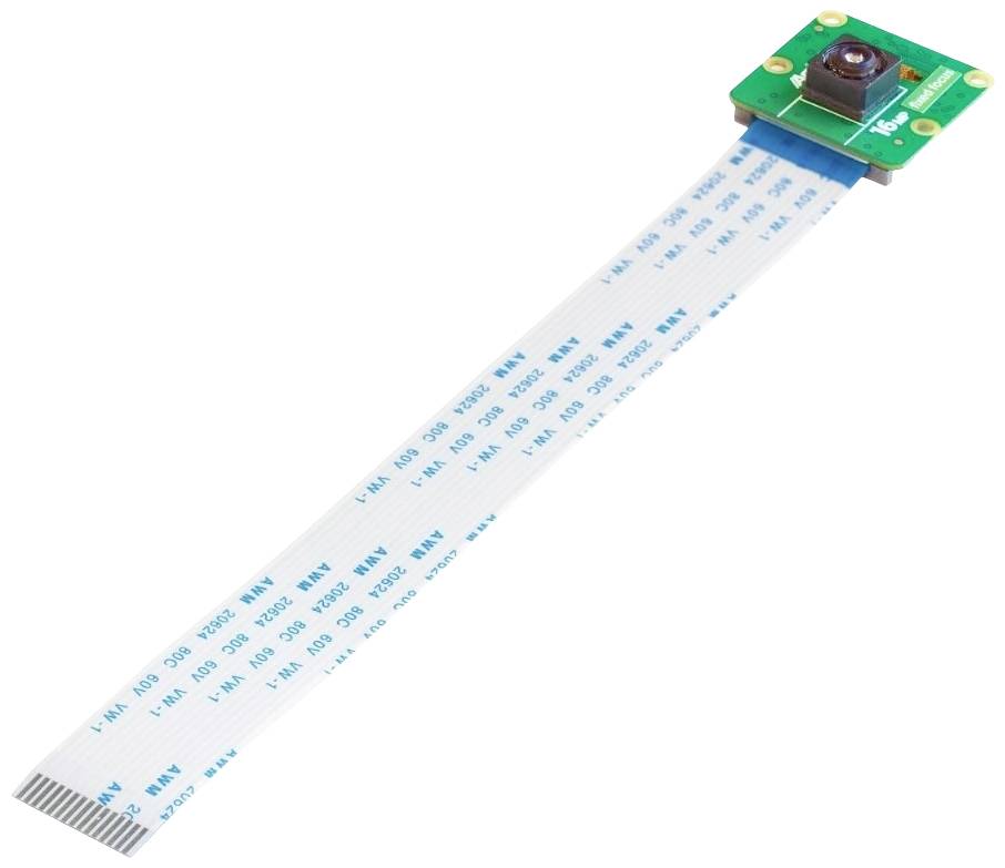 Camera module with a flexible flat ribbon cable and a small, rectangular circuit, suitable for electronic projects.