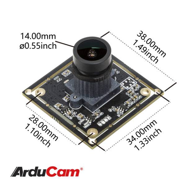 An ArduCam camera with dimensions: 38 mm x 34 mm. Mounted on a black printed circuit board; technical details visible.