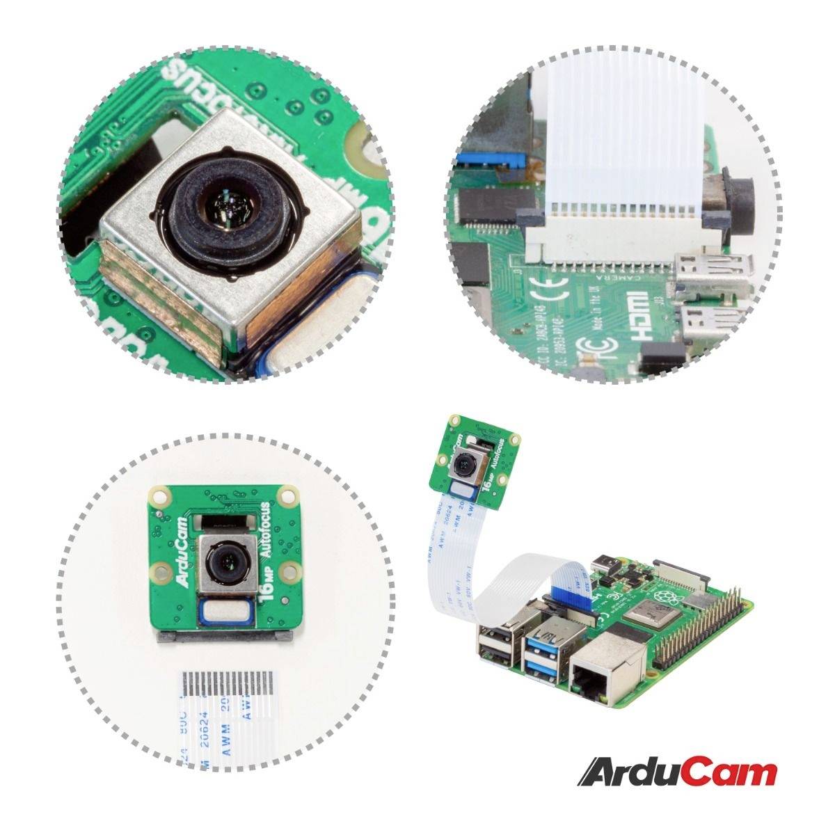 'Installation of a camera module on a microcontroller board, connected via a flexible cable. "ArduCam" brand logo in the bottom right.'