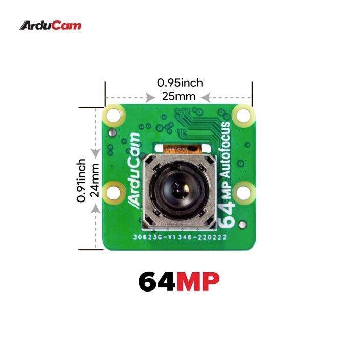 'ArduCam' 64-MP Autofocus Camera Module, square design, dimensions: 25 mm x 24 mm, lens centred.