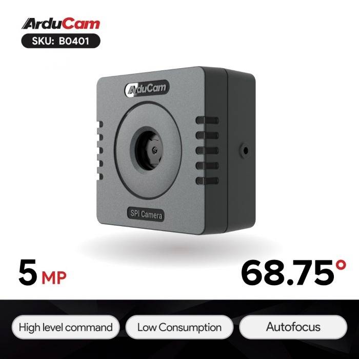 'ArduCam SPI Camera with 5 MP and 68.75° Viewing Angle. Functions: High Command, Low Consumption, Autofocus. SKU: B0401.'