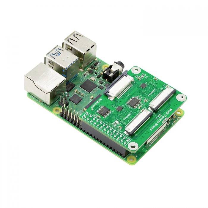 A green Raspberry Pi motherboard with USB ports and an Ethernet port. It serves as a compact computer for various projects.