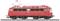 A red model of an electric locomotive from Deutsche Bahn on a railway track.