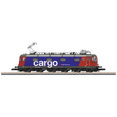 Train model of a freight locomotive with blue and red paintwork on a section of railway track, marked with 'cargo'.