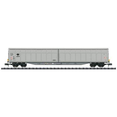 Grey goods wagon on railway tracks, side view, with labels and symbols.