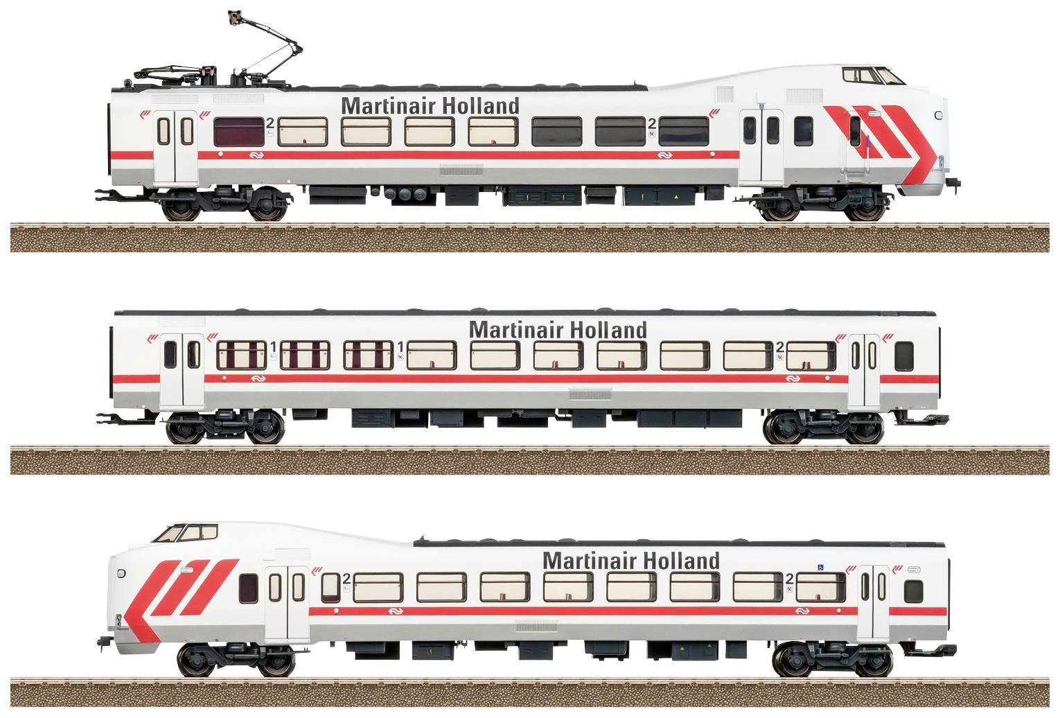 Three models of an intercity train with 'Martinair Holland' labelling and red stripes, shown on railway tracks.