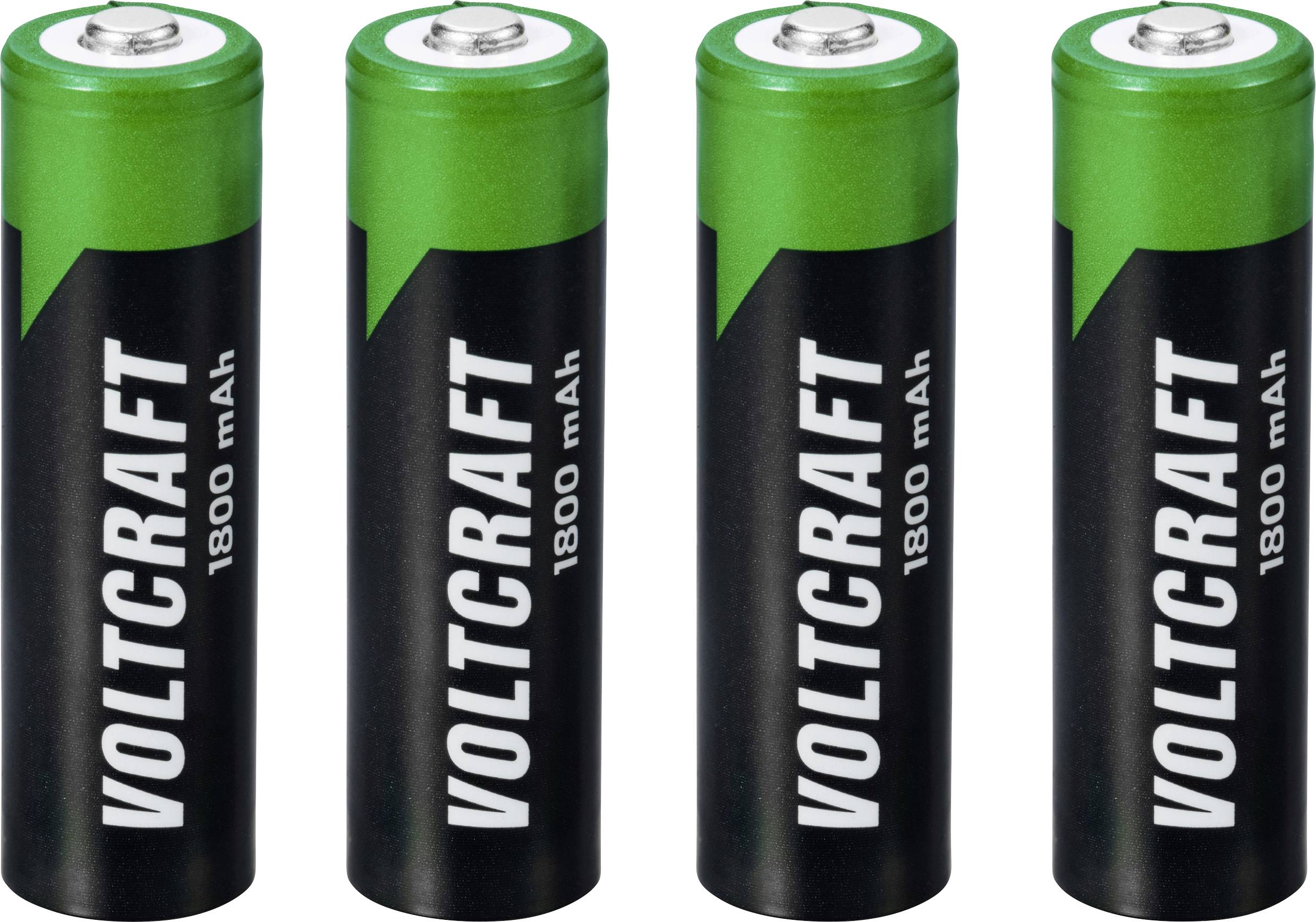 Four green and black AA batteries from the 'VOLTCRAFT' brand, lined up side by side, each with a capacity of 1800 mAh.