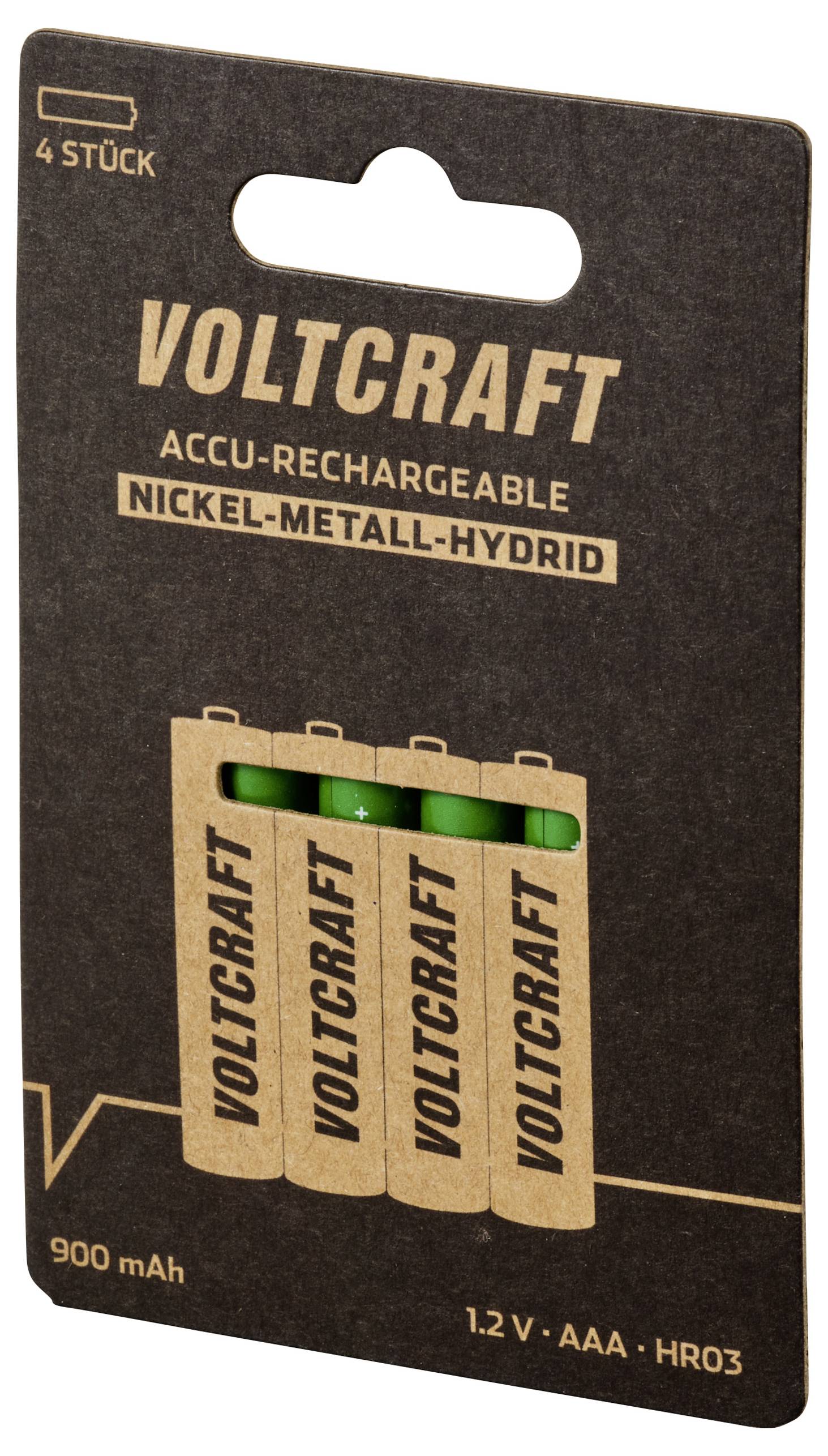 Packaging containing four rechargeable AAA Voltcraft batteries, Nickel-Metal Hydride technology, 1.2V, 900 mAh.