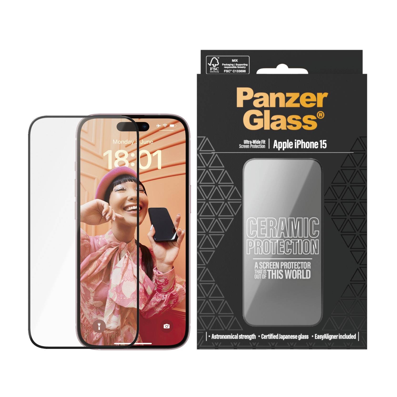 'PanzerGlass Screen Protector for Apple iPhone 15' shows a mobile phone with a cheerful woman on the screen, packaging and glass in the foreground.