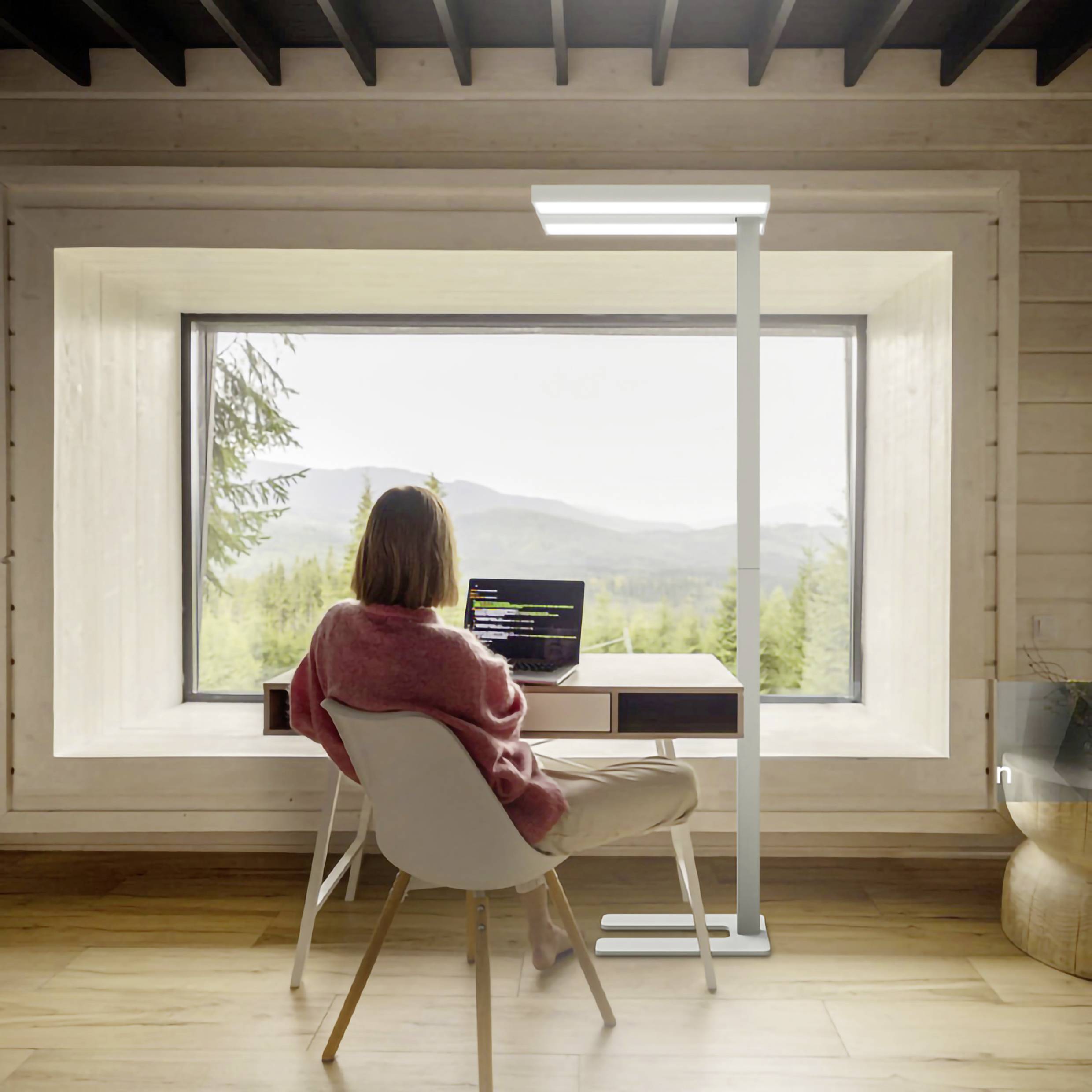 A person is working on a laptop in front of a large window overlooking a mountainous landscape. The room appears modern and minimalist.