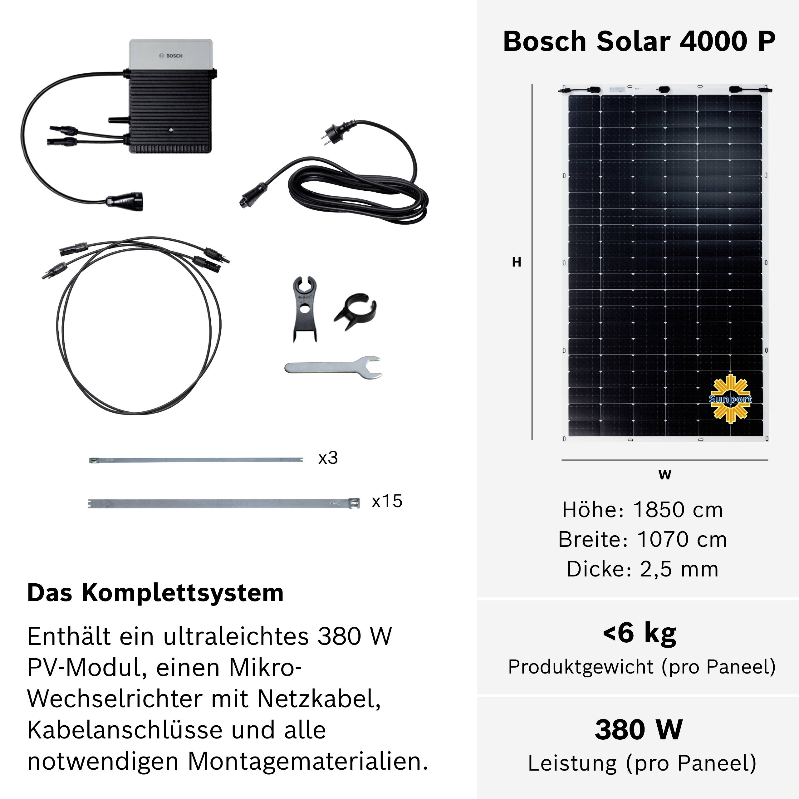 'Bosch Solar 4000 P' solar module and accessories pictured. Included: micro inverter, grid and cable connections. Dimensions: 1850 cm height, 1070 cm width, 380 W power output.