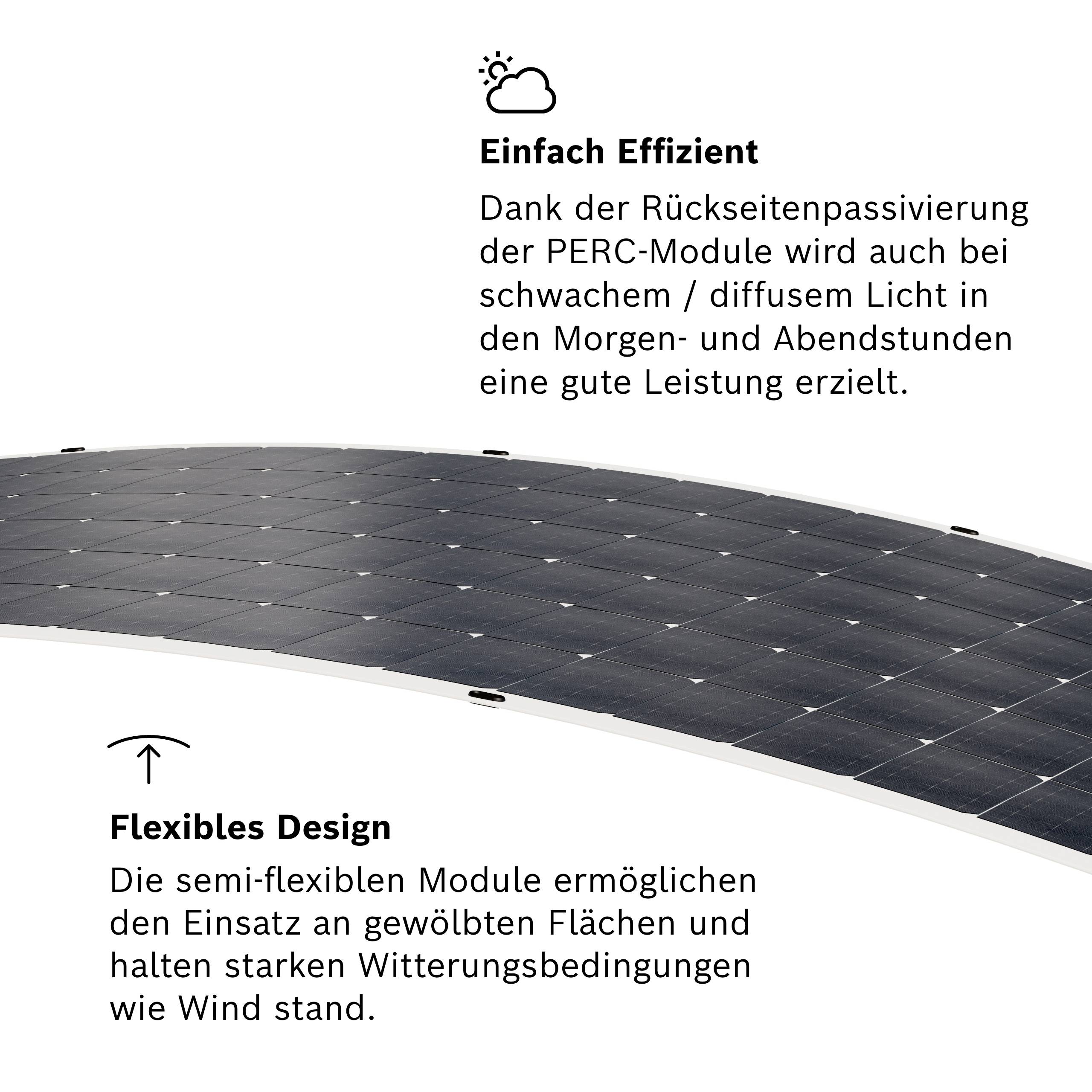 Solar modules with flexible design and high efficiency through PERC technology. Good performance in diffuse light, suitable for curved surfaces.