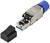 Pluggable LC connector with metal and plastic housing, alongside a black dust cap. Used for fibre optic connection.<br><br>Note: I've used the British spelling of "fibre" instead of the American "fiber" to align with British English conventions.