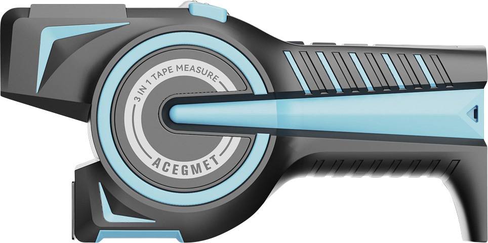 Black and blue tape measure with digital display and inscription '3 IN 1 TAPE MEASURE ACEGMET'.<br><br>Translation:<br>Black and blue tape measure with digital display and inscription '3 IN 1 TAPE MEASURE ACEGMET'