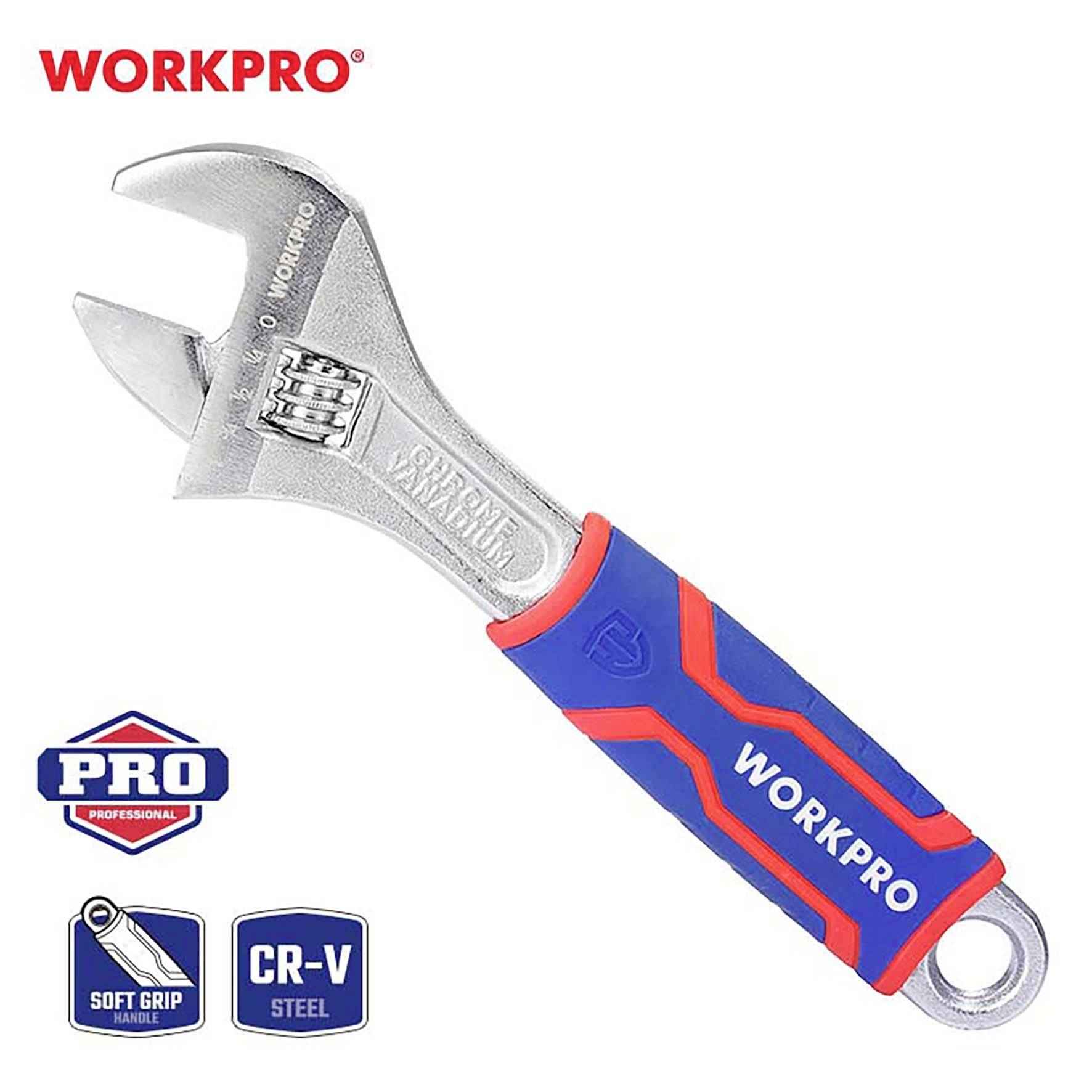 Adjustable Spanner with Red-Blue Handle 'WORKPRO'. Logos for 'PRO' and 'CR-V Steel' with Tool Illustration.