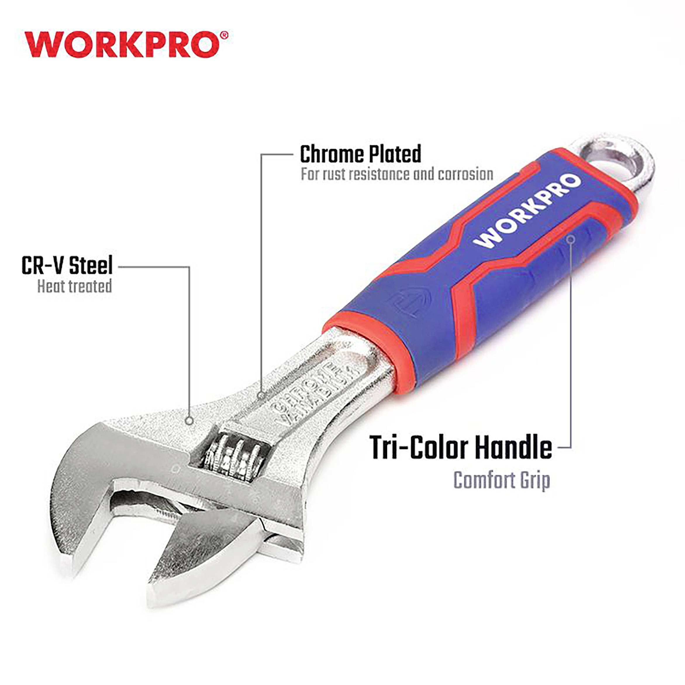 Adjustable spanner made from CRV steel with chrome-plated, rust-resistant surface and a comfortable, three-coloured handle.