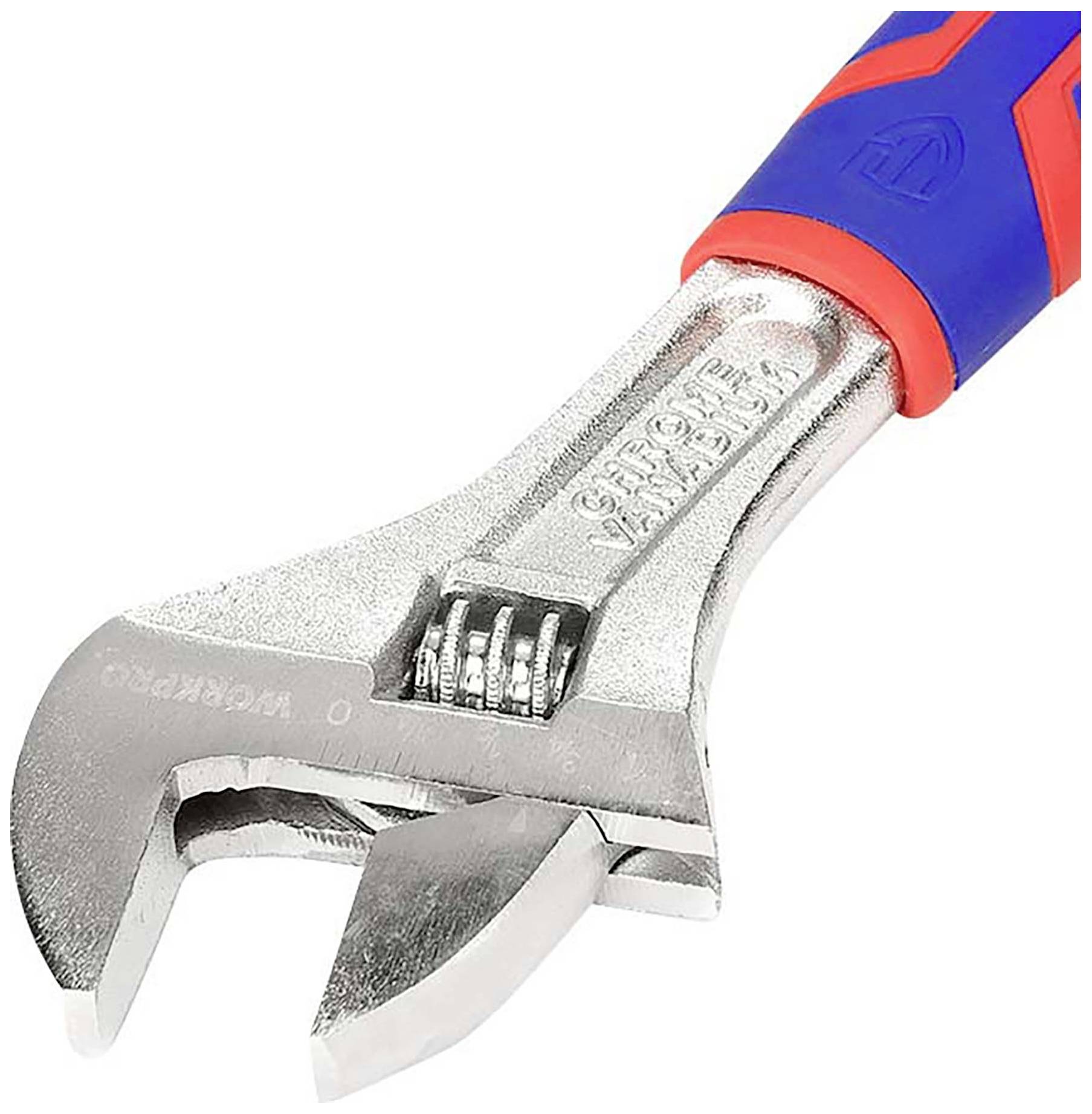 'Adjustable spanner with blue and red handle against a white background.'