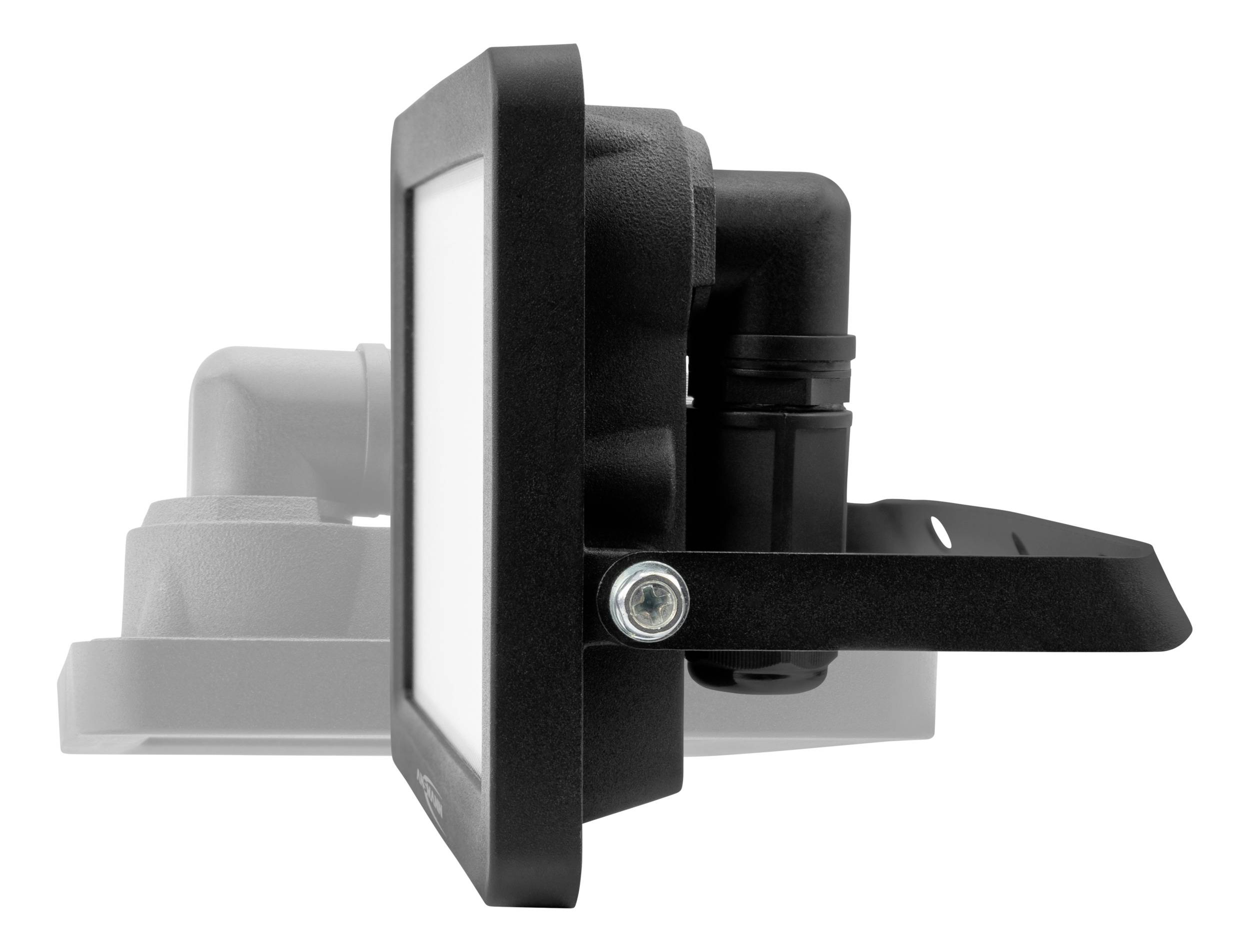 LED flood light with a black housing, side view mounted on a stand. Background shows the same model again in a transparent representation.