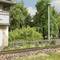 A disused railway track beside a weathered wall and dense foliage with trees in the background on a sunny day.