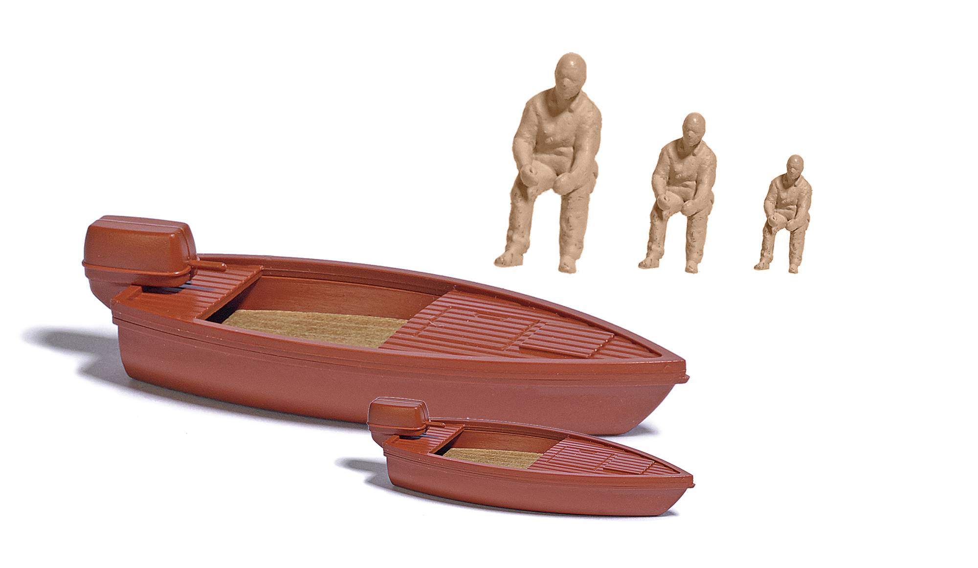 A red rowing boat and a smaller identical boat in the foreground. Three human figures of different sizes are seated in the background.