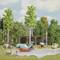 A miniature campsite with tents and caravans by the lakeside. People are relaxing on sunbeds, swimming and enjoying the natural surroundings.