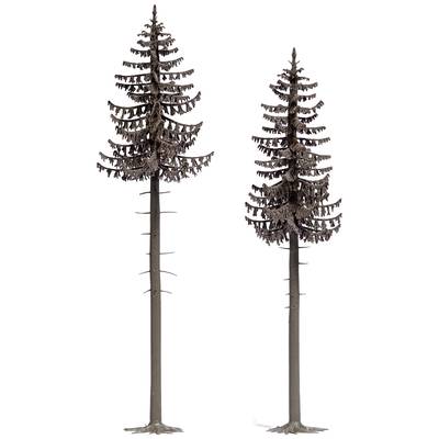 Two slender, bare trees with limited needle growth, vertically presented in an artistic representation.