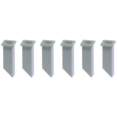Six grey, rectangular plastic parts with an angled end, arranged evenly side by side in a row.