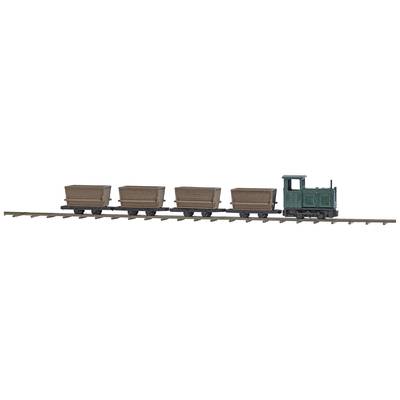 A model railway with a green locomotive and four brown carriages is travelling on tracks.