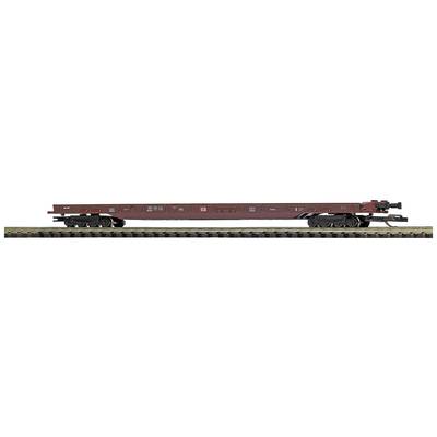 Brown model of a goods wagon on rails, without cargo or container. Detailed representation of the wheels and underside.