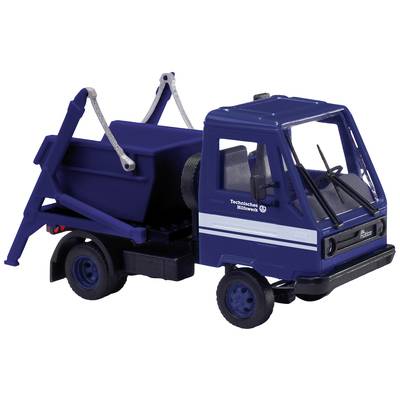 Toy model of a blue tipping lorry with a 'Technisches Hilfswerk' logo on the side, no specific function apparent.