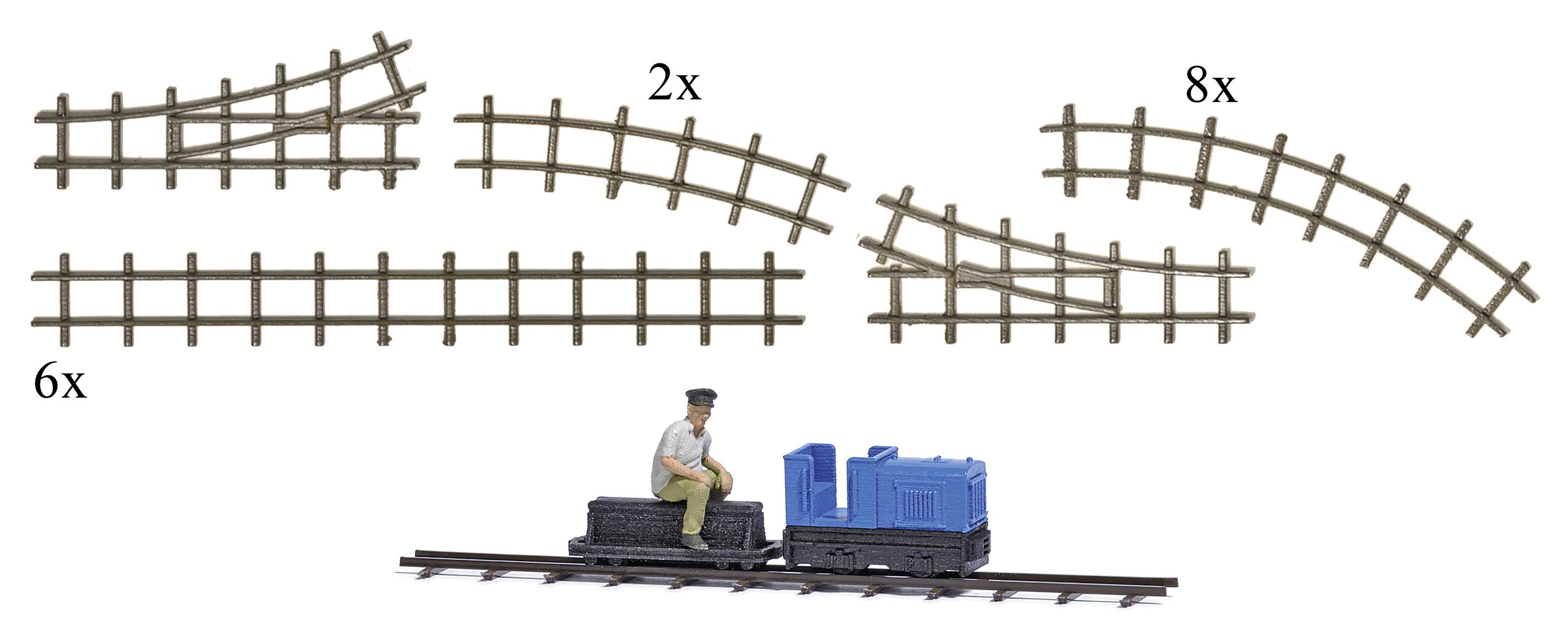 'Model railway set with 6 straight, 2 left-turning and 8 right-turning tracks. Also includes a small locomotive with a seated figure.'